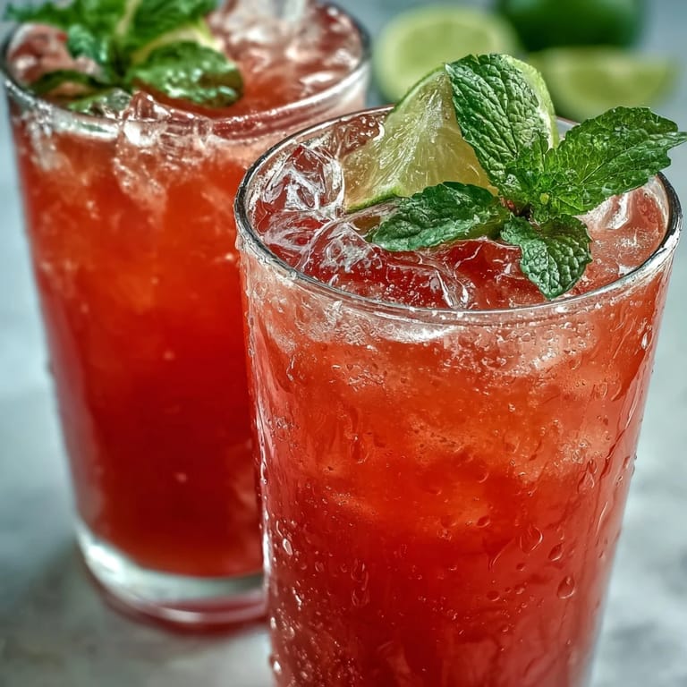 Refreshing guava nectar drink with clear ice cubes, a lime wedge, and fresh mint on a rustic table setting.