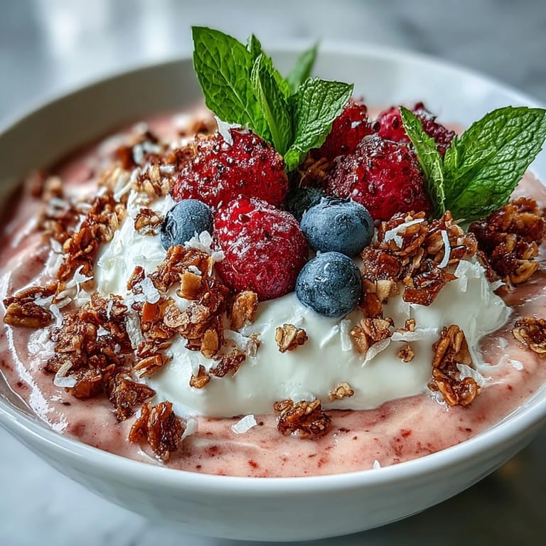 Vibrant pink guava and mango smoothie bowl garnished with chia seeds and mint leaves.