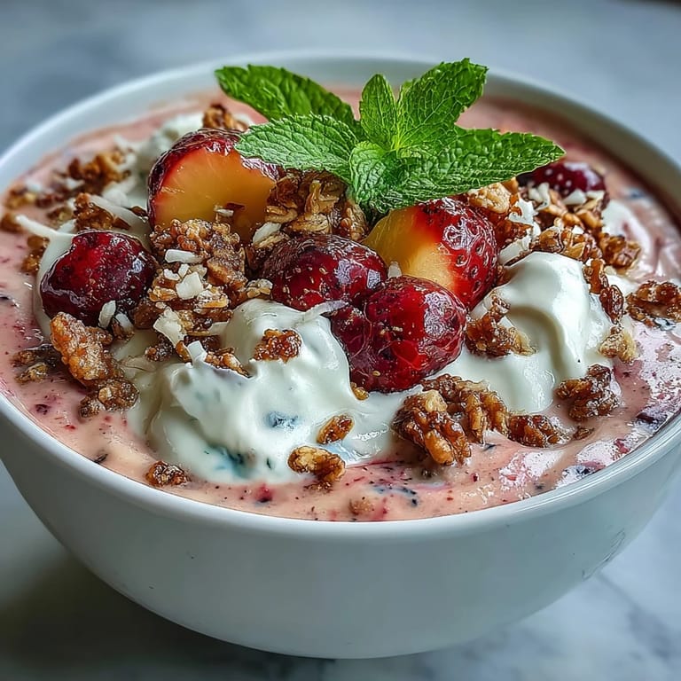 Thick guava and mango smoothie base loaded with crunchy granola and sliced strawberries for breakfast.