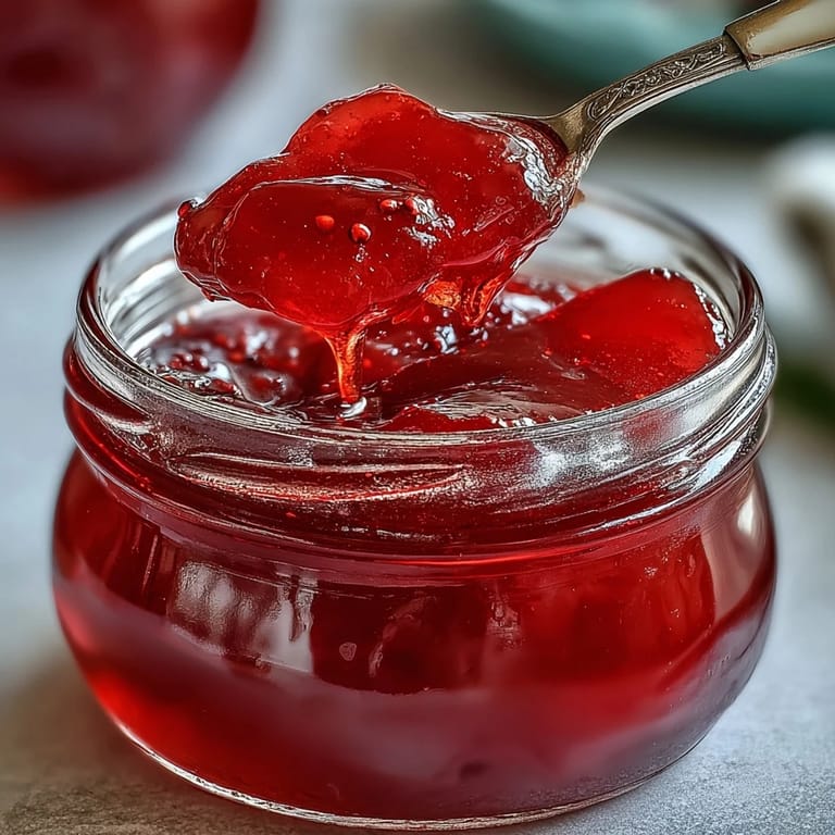 Clear glass jar of guava jelly sits beside fresh guava fruit and a vintage tea towel.