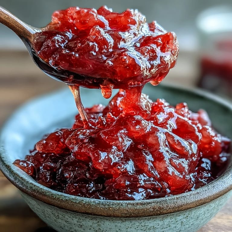 A small bowl of glossy Guava Preserves with a spoonful lifted, highlighting the sweet, tropical aroma and vibrant pink hue.