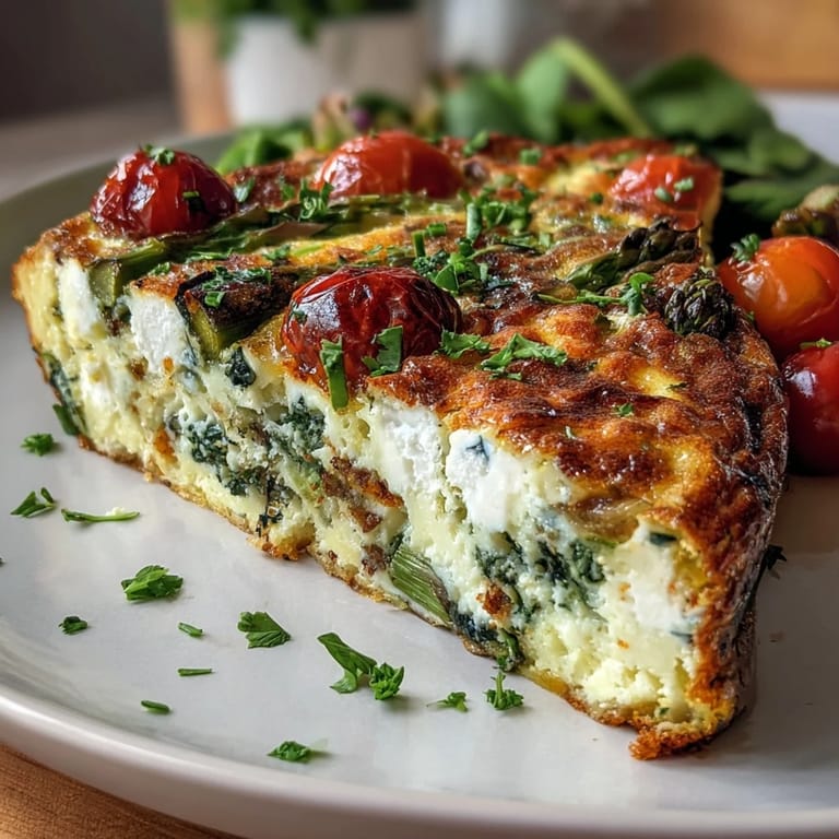 Vibrant spring vegetable frittata loaded with zucchini, cherry tomatoes, and herbs, perfect for a light brunch or breakfast.