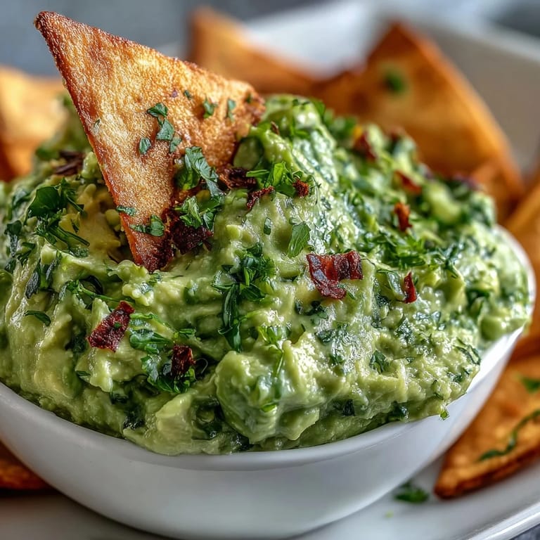 Vibrant green edamame guacamole blended with fresh herbs, paired with golden whole wheat pita chips for a protein-packed appetizer.  