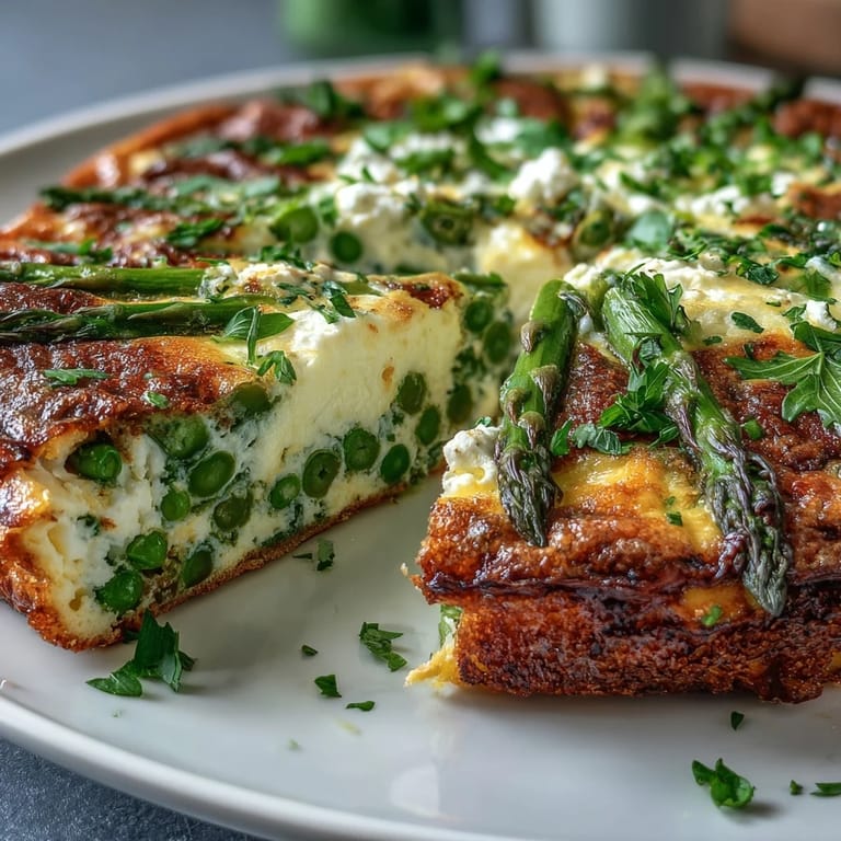 Golden Spring Frittata with Asparagus, Peas and Goat Cheese: baked until fluffy, topped with tangy goat cheese and bright green veggies.