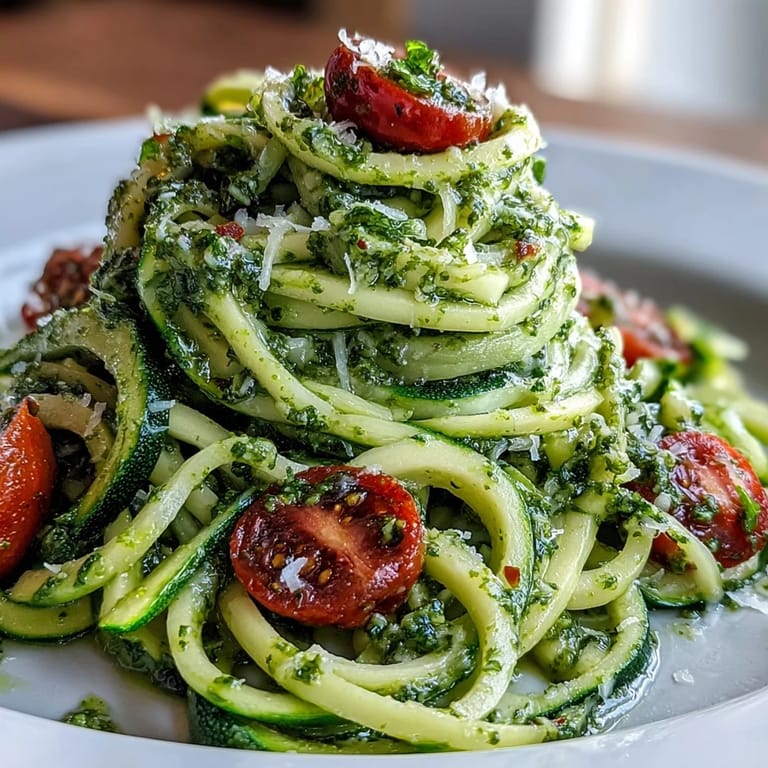 Colorful spiralized zucchini with homemade pesto and cherry tomatoes, a quick vegetarian dinner idea.  