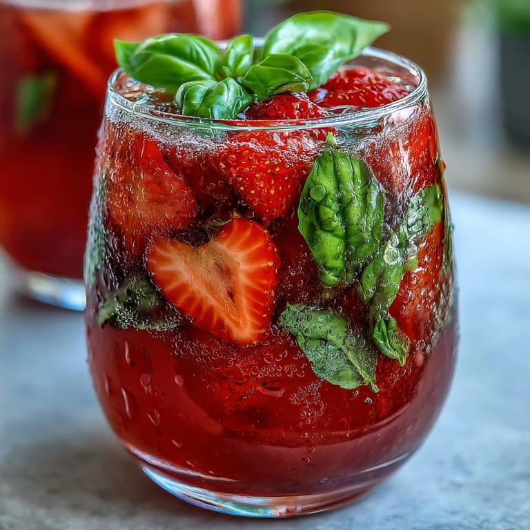 Bright, refreshing strawberry basil sangria mocktail served over ice with citrus slices and basil garnish for a festive, alcohol-free drink.