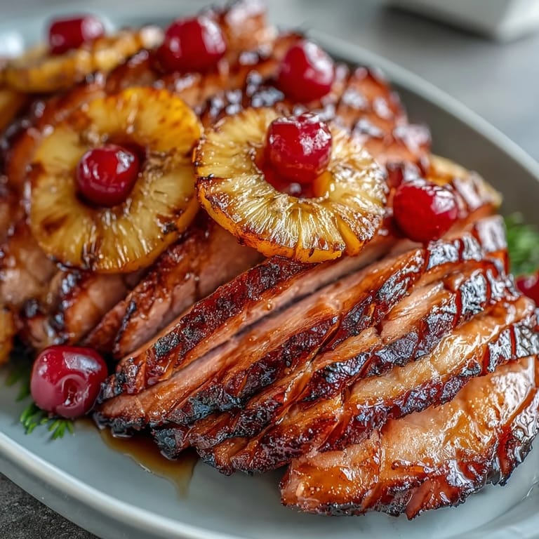 Festive centerpiece of honey-glazed ham, adorned with juicy pineapple rings and cherries, served with warm pan juices for a classic American holiday feast.