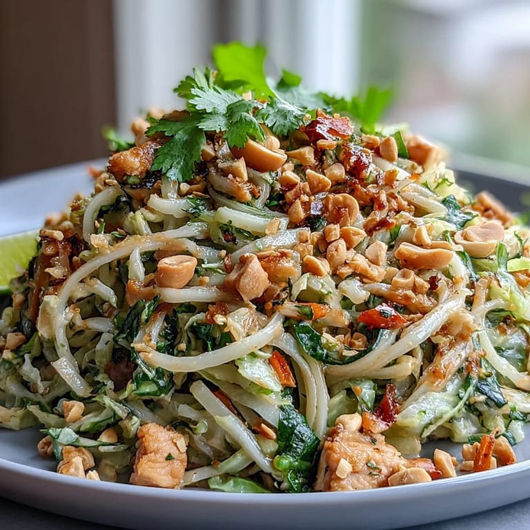 Low-carb Cabbage Pad Thai features crisp cabbage noodles stir-fried with eggs, protein, and a savory sauce, garnished with cilantro and chopped peanuts.  