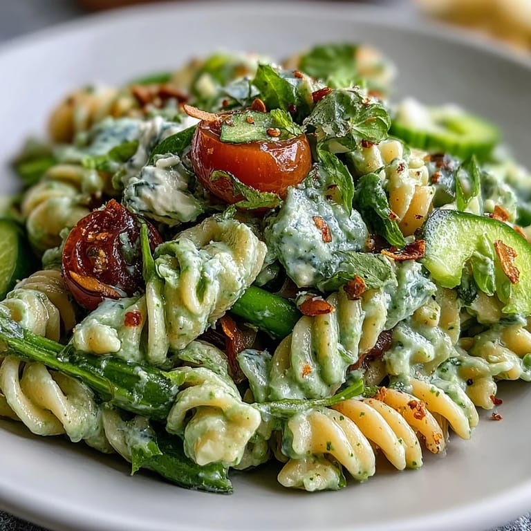 Colorful green goddess pasta salad featuring basil-avocado dressing, cherry tomatoes, cucumber, and spinach, garnished with toasted pumpkin seeds.  