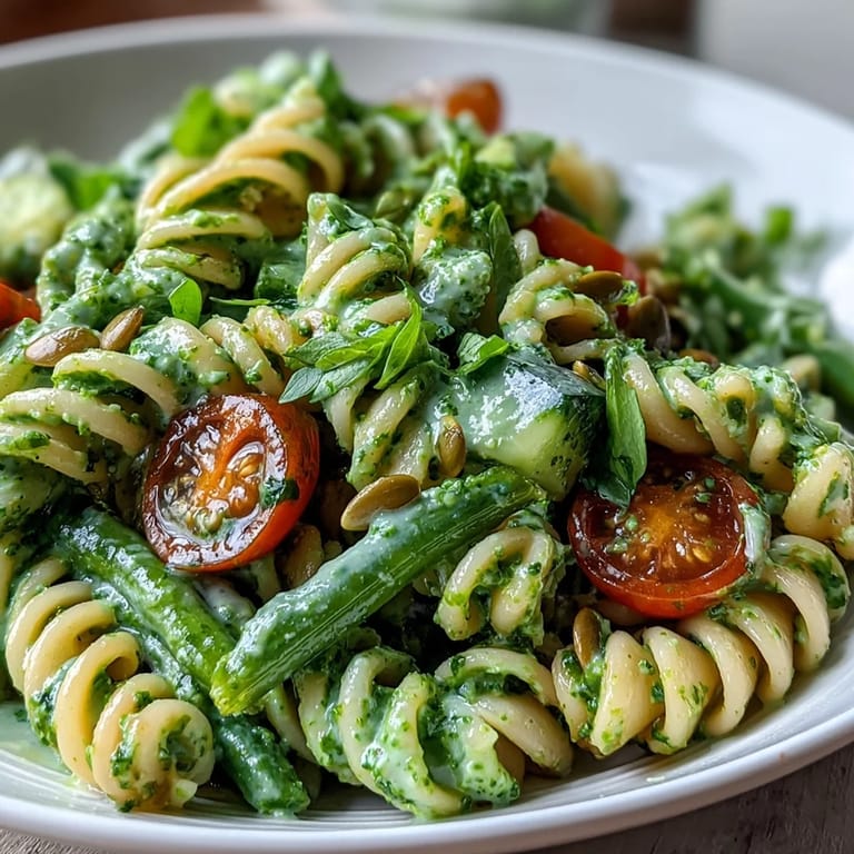 Creamy green goddess pasta salad with fresh herbs, avocado dressing, and crisp vegetables, perfect for picnics or light vegetarian lunches.