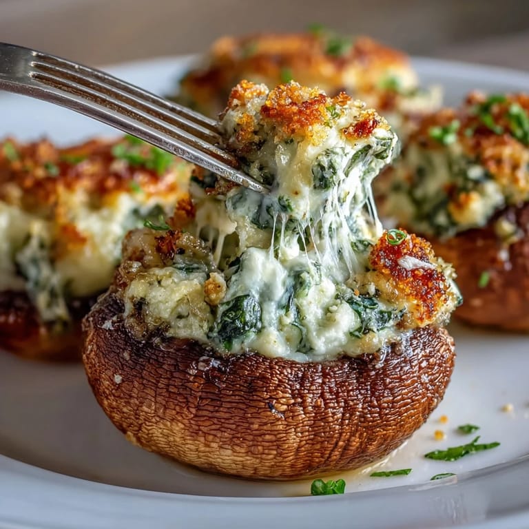 Creamy spinach and ricotta cheese blend nestled inside juicy mushroom caps, topped with crispy Parmesan breadcrumbs for a satisfying, easy-to-make party appetizer.