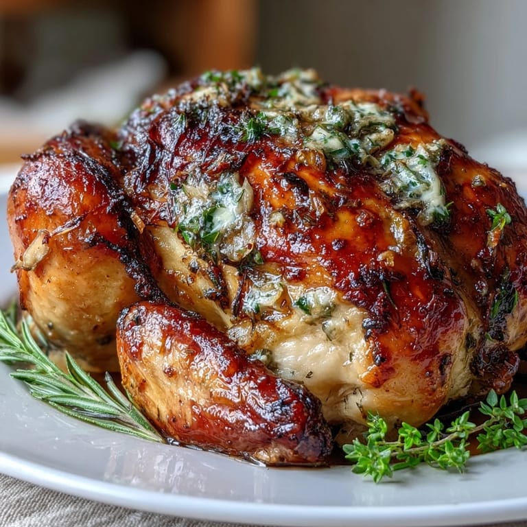 Herb Butter Roast Chicken, crispy-skinned and aromatic, carved with preserved lemon and fresh herbs for a French-inspired dinner.