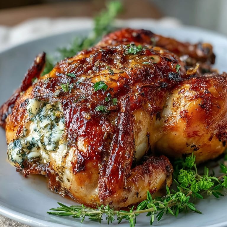 Herb Butter Roast Chicken, tender and golden, basted with herb butter and served with roasted vegetables and pan juices.