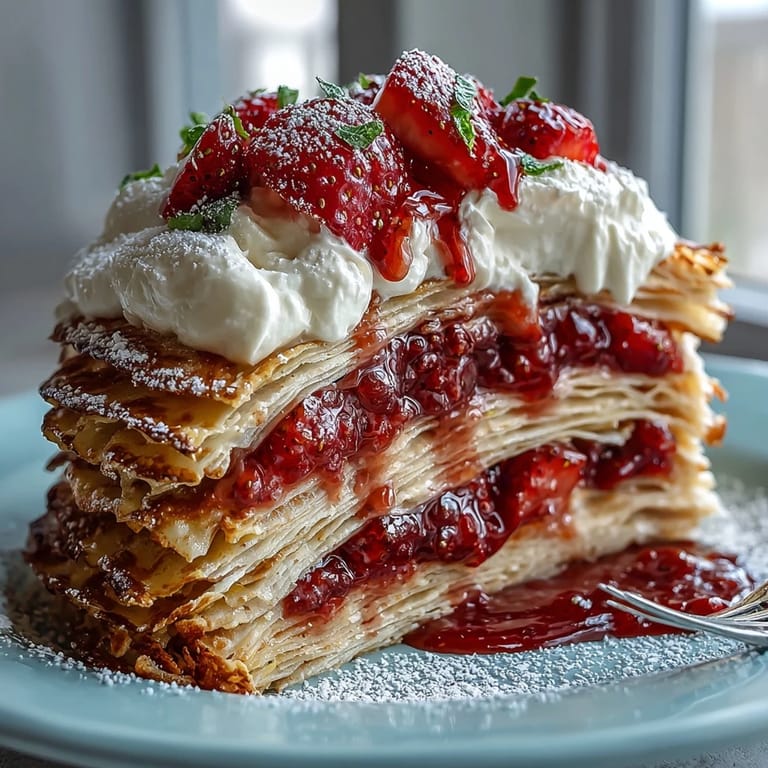Luscious Mother's Day whole strawberry mascarpone crêpe cake, ready for slicing.