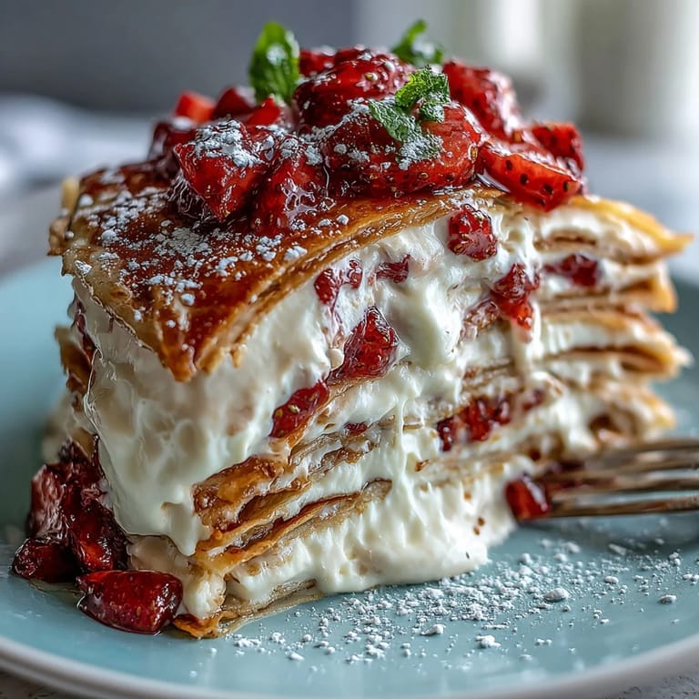 Celebrate Mother's Day with a beautiful crêpe cake, dusted with powdered sugar.