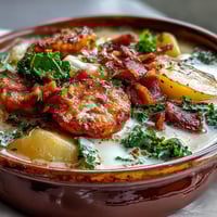 Thick slices of russet potatoes simmer in a creamy broth with savory Italian sausage and fresh kale.