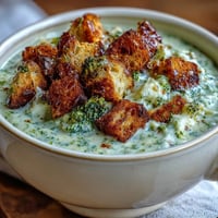 Creamy Cauliflower and Broccoli Soup served steaming hot in a rustic bowl, topped with golden, crunchy homemade croutons for texture.