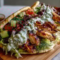 Golden-brown, charred Mediterranean Chicken Gyros topped with creamy feta tzatziki on a warm pita.