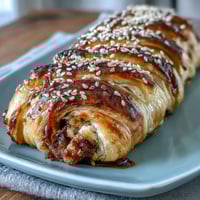 Classic pigs in a blanket with golden puff pastry and tangy mustard dip, perfect for game day gatherings.  