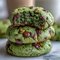 Soft pistachio pudding cookies with natural green hue, studded with white chocolate chips for a festive St. Patrick's Day treat.