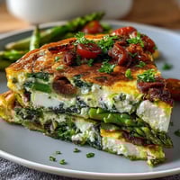Healthy Easy Spring Veggie Frittata with fresh asparagus, spinach, and feta cheese baked until golden and fluffy.