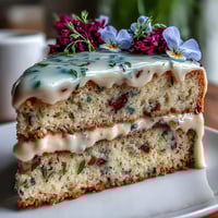 Delicate Spring Cake with Pressed Edible Flowers, a light vanilla cake topped with whipped cream and floral decorations.