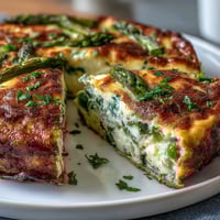 Spring Frittata with Asparagus, Peas and Goat Cheese: a vibrant skillet dish with tender vegetables, creamy cheese, and fresh herbs.