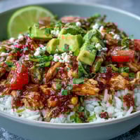Vibrant salsa chicken bowls with tender shredded chicken, rice, black beans, and fresh avocado slices.  