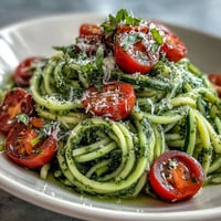 Vibrant zucchini noodles tossed with fresh basil pesto and juicy cherry tomatoes, a healthy Mediterranean meal.  