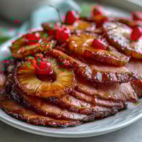 Honey Glazed Ham with Pineapple, golden and glistening with sweet honey glaze, studded with pineapple rings and cherries, perfect for festive gatherings.