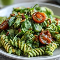 A vibrant green goddess pasta salad with creamy avocado dressing, fresh vegetables, and tender pasta tossed together for a refreshing meal.  