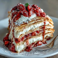 Mother's Day Crêpe Cake: stacked crepes layered with vibrant strawberry mascarpone.
